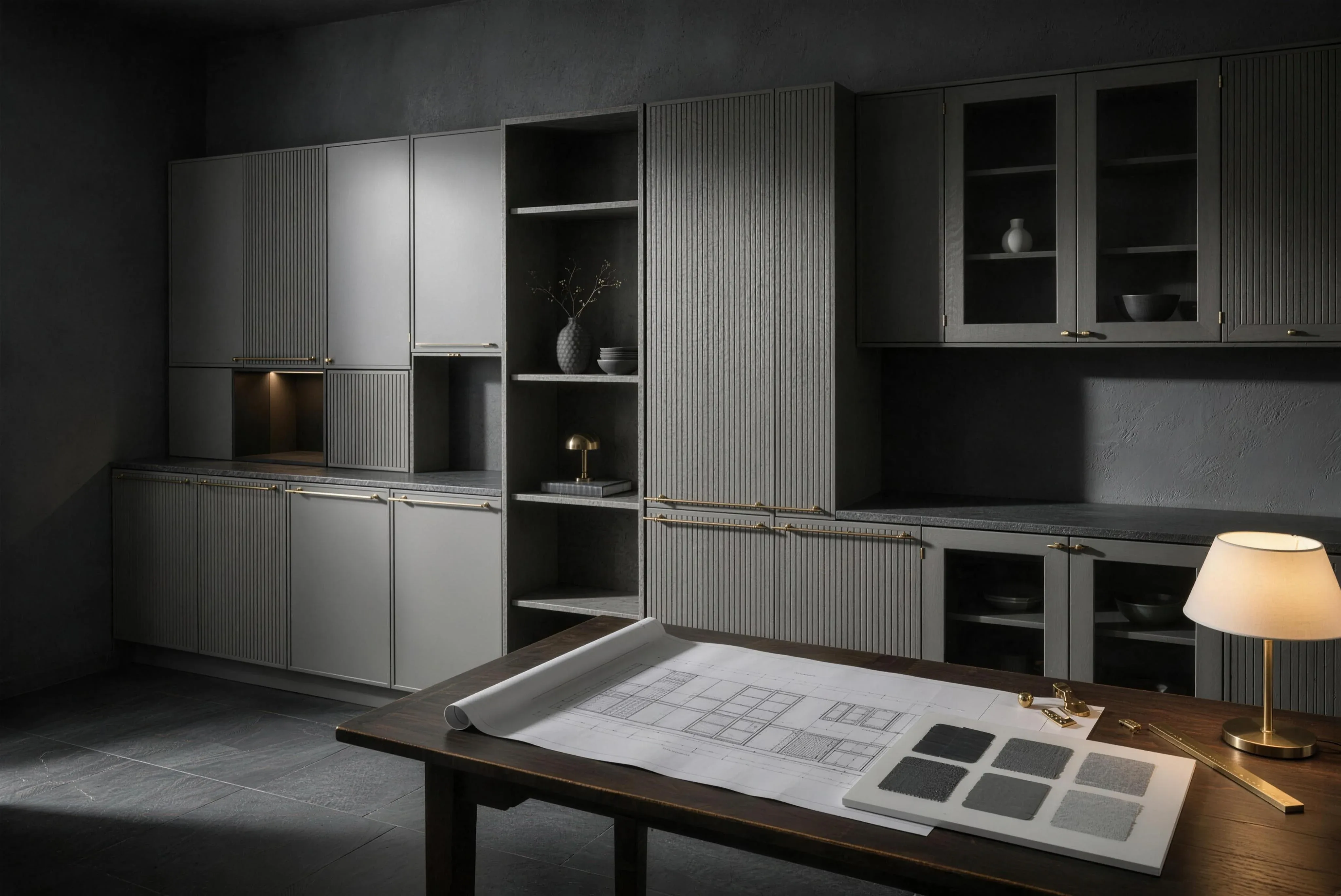 A drawing table with plans and finish samples under a lamp, fitted grey cabinets behind