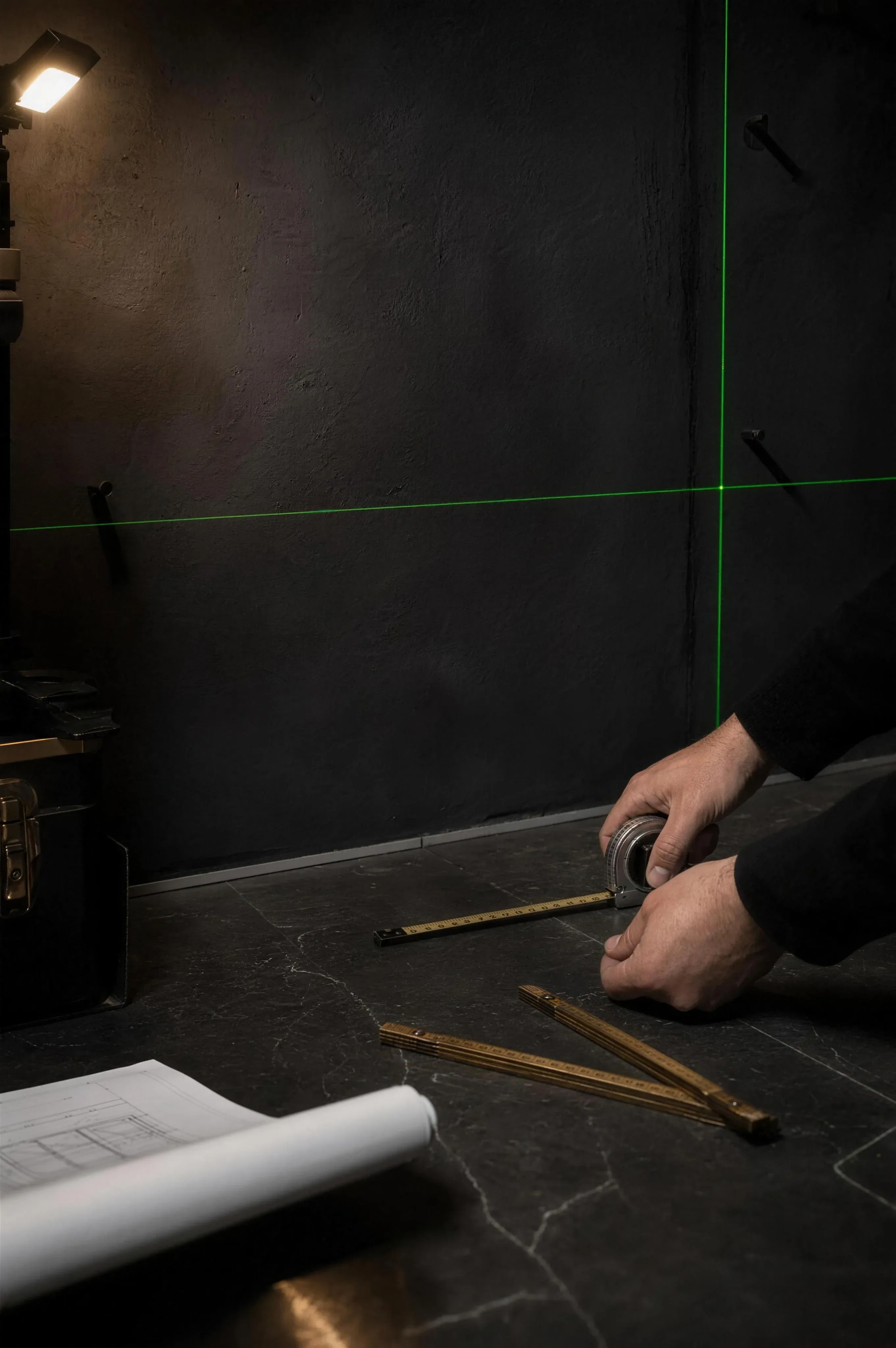 Hands with a brass tape measure and a folding rule on a dark stone floor, laser lines on a charcoal wall, a drawing unrolled beside