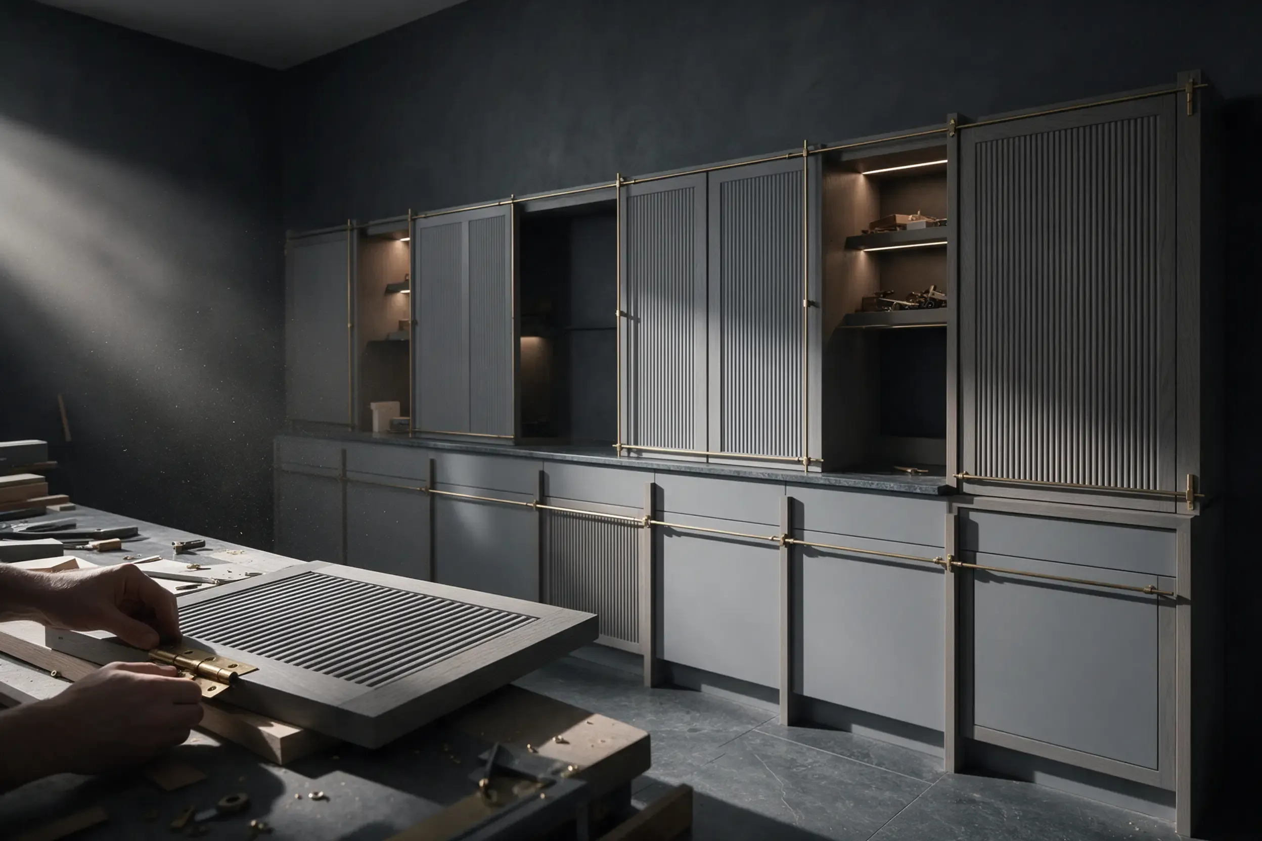 Hands at a workbench working on a fluted grey panel, fitted cabinets behind