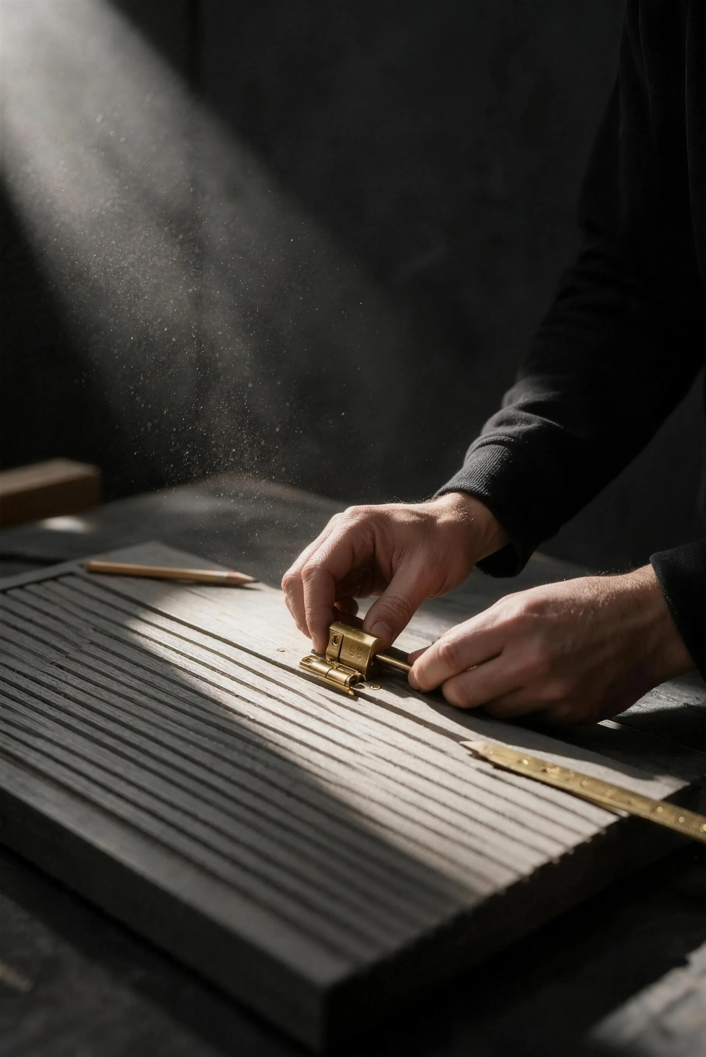 Hands fitting brass hardware to a fluted grey front on a dark workbench, wood dust in one beam of light