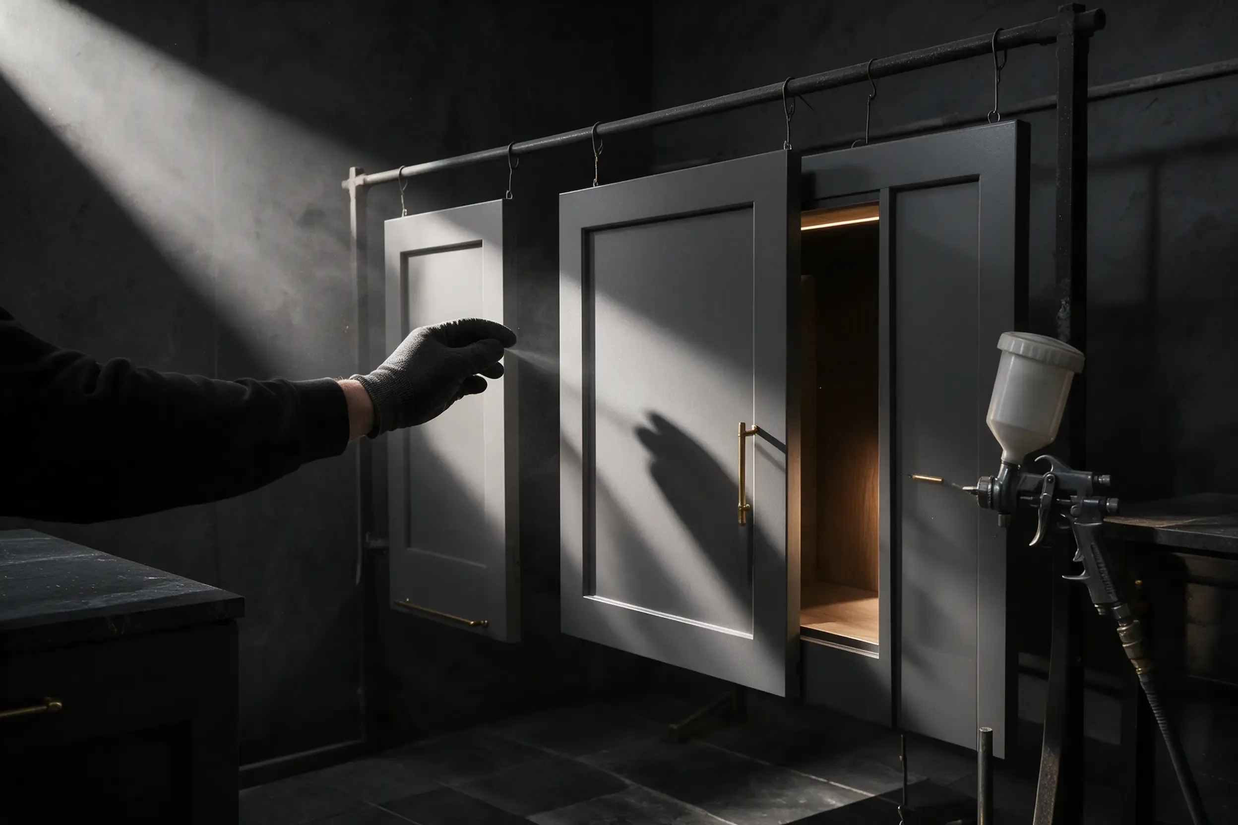 Grey cabinet fronts in a spray booth, a fine mist in the light