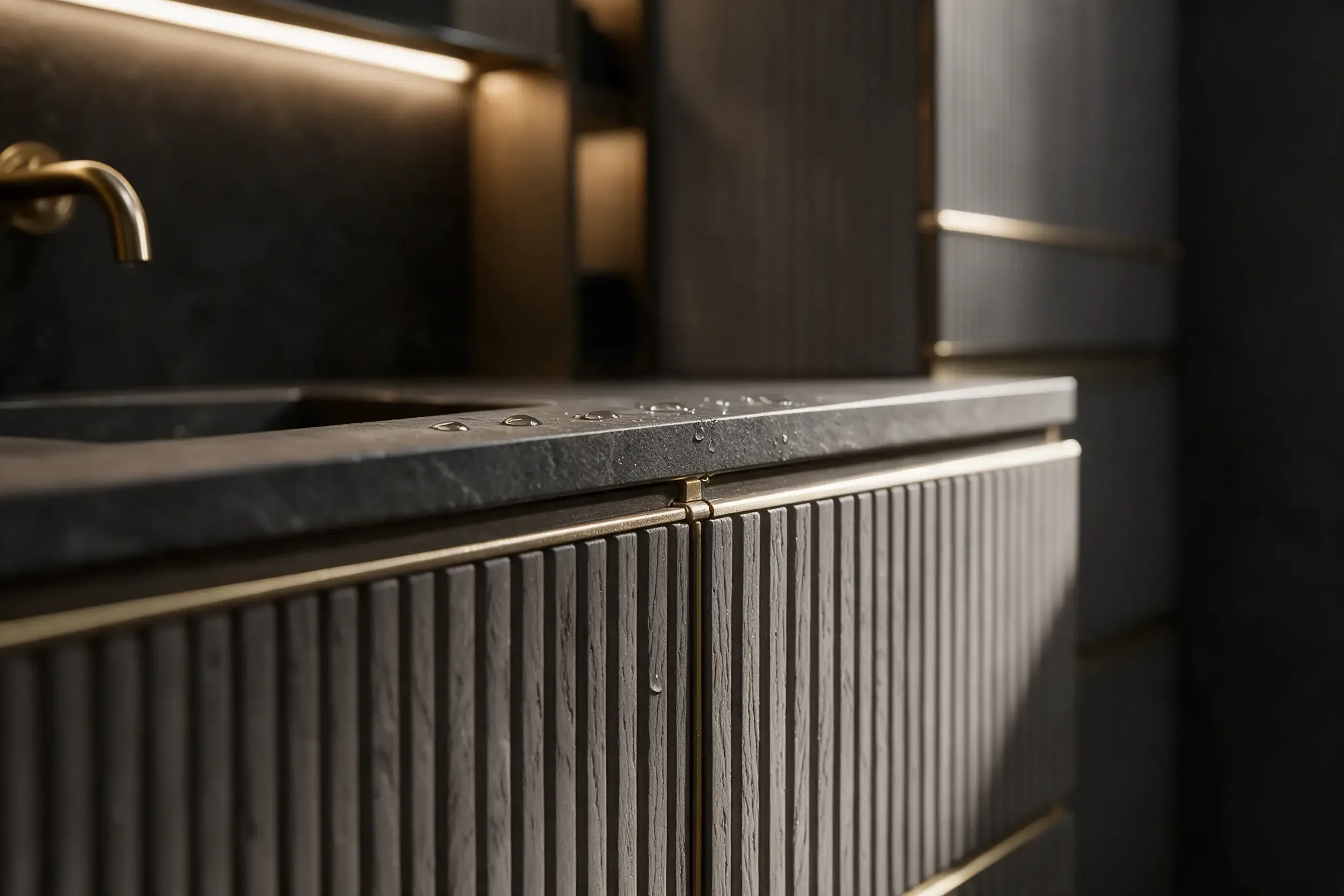 A dark stone basin with a brass tap over fluted grey fronts