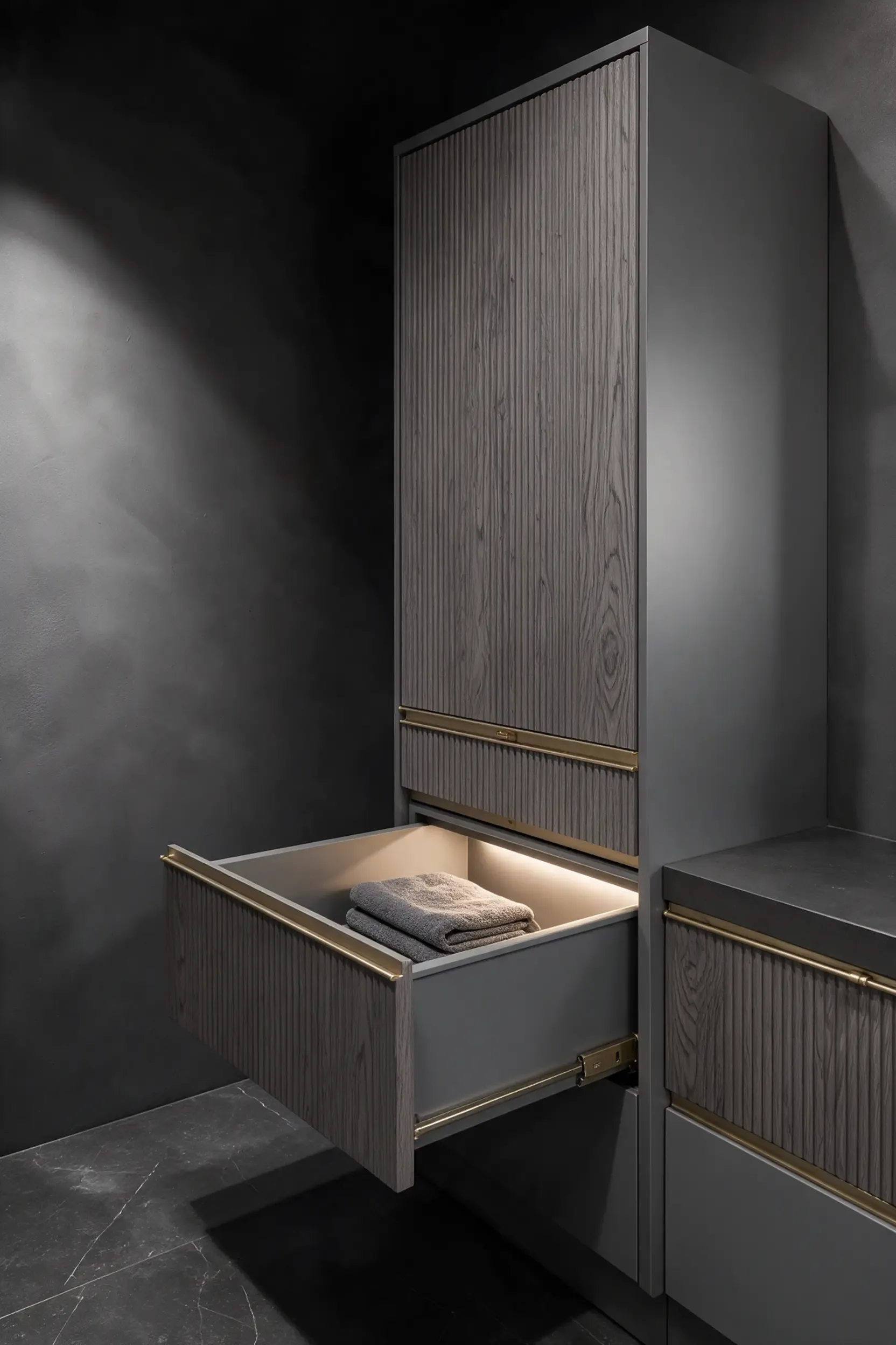 A tall fitted bathroom cabinet with a pull-out drawer of folded towels, lit from inside