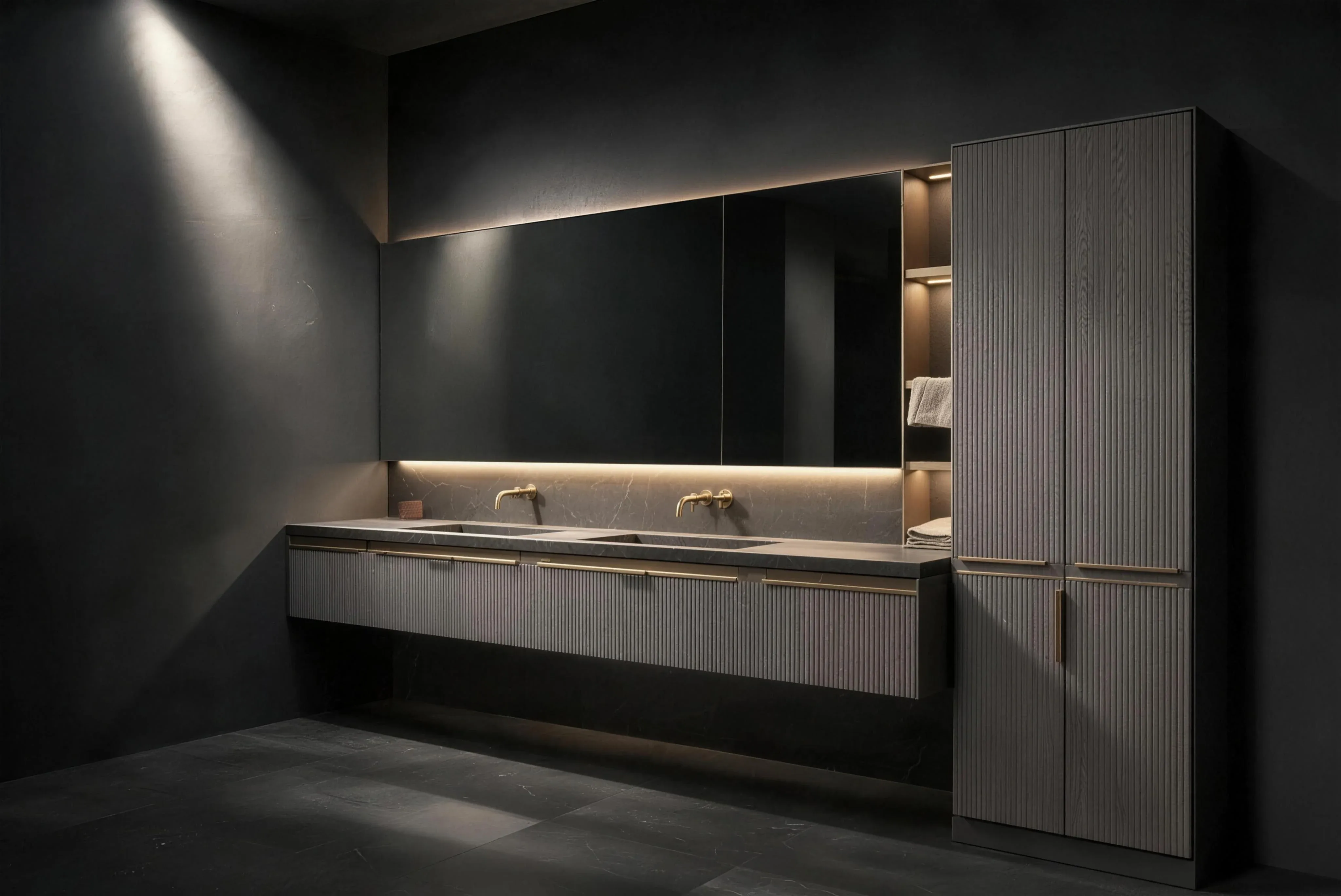 A dark bathroom with a fitted vanity, a mirrored wall cabinet and a stone bath