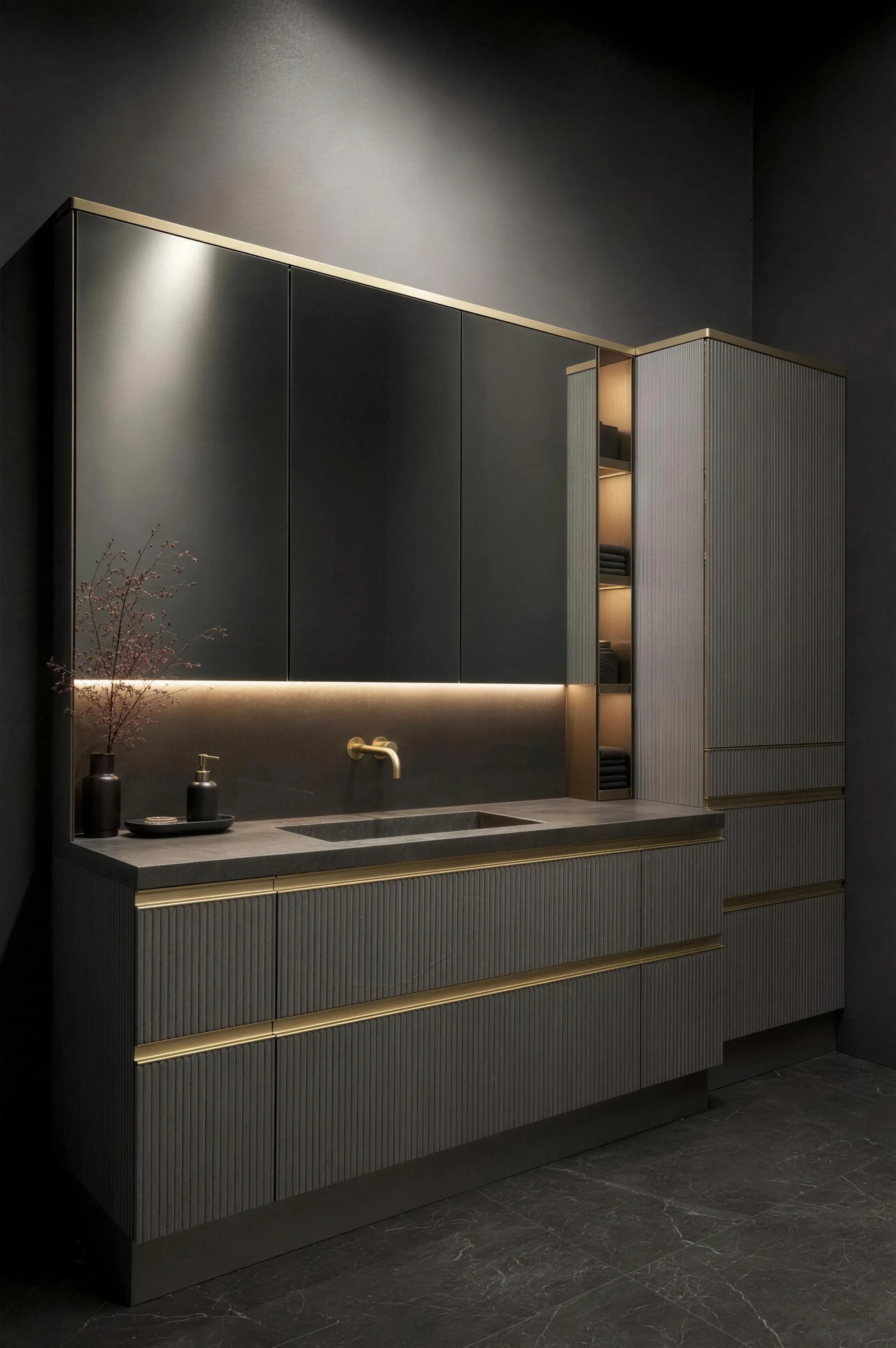 A fitted bathroom vanity in fluted grey with a dark stone top, a brass tap, a mirrored cabinet above and a tall cabinet beside it