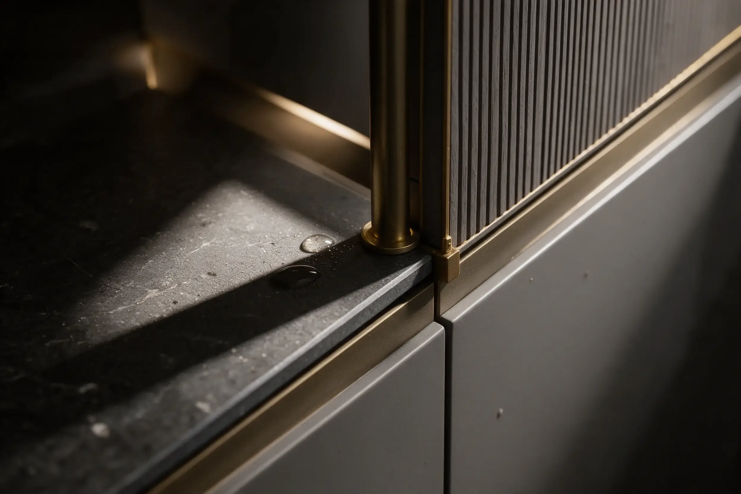 The brass edge of a dark stone worktop meeting a fluted grey front, in raking light
