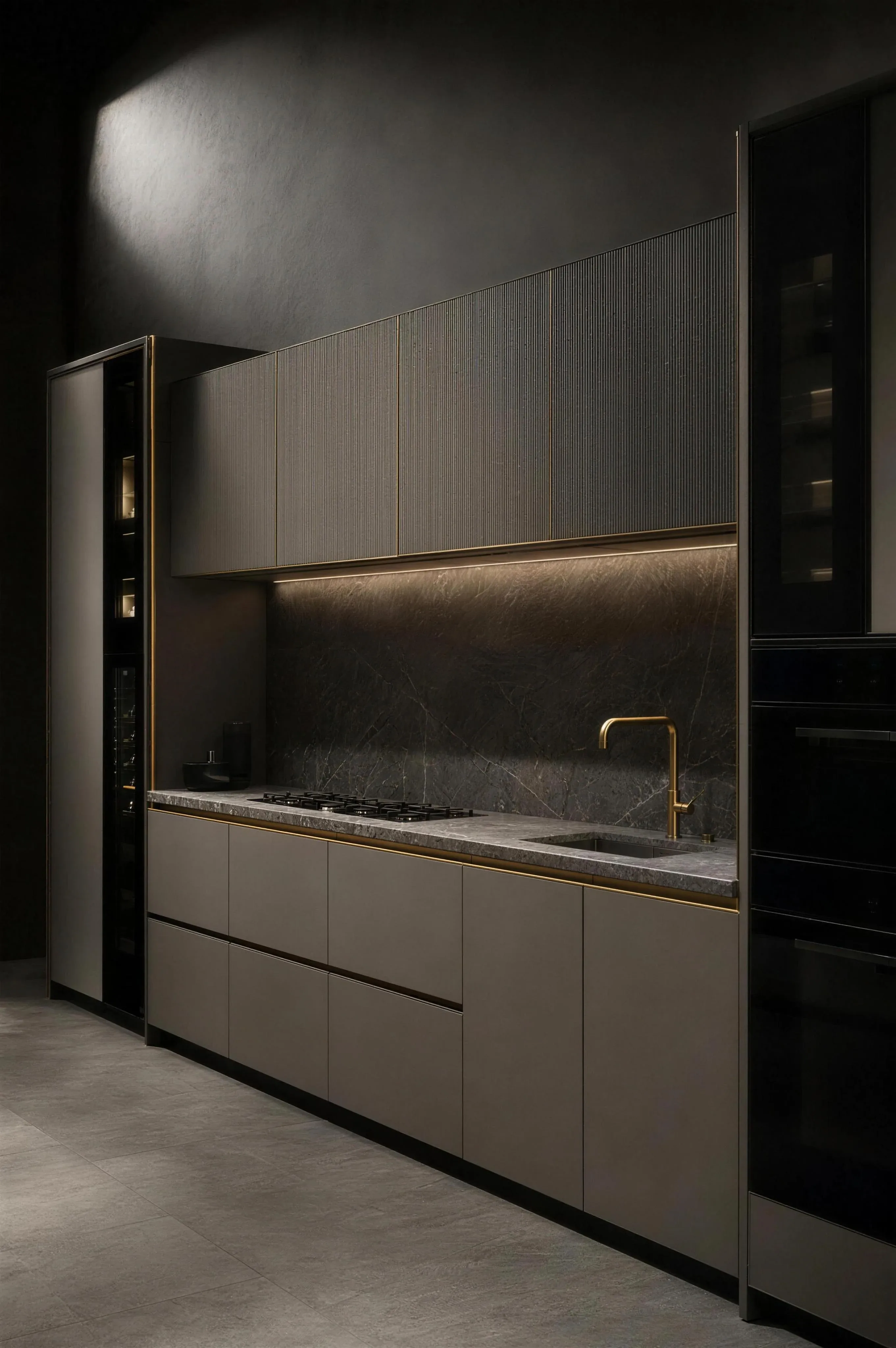 A fitted kitchen run in grey with a dark stone worktop, a brass tap and a dark glass appliance column, lit from under the wall units