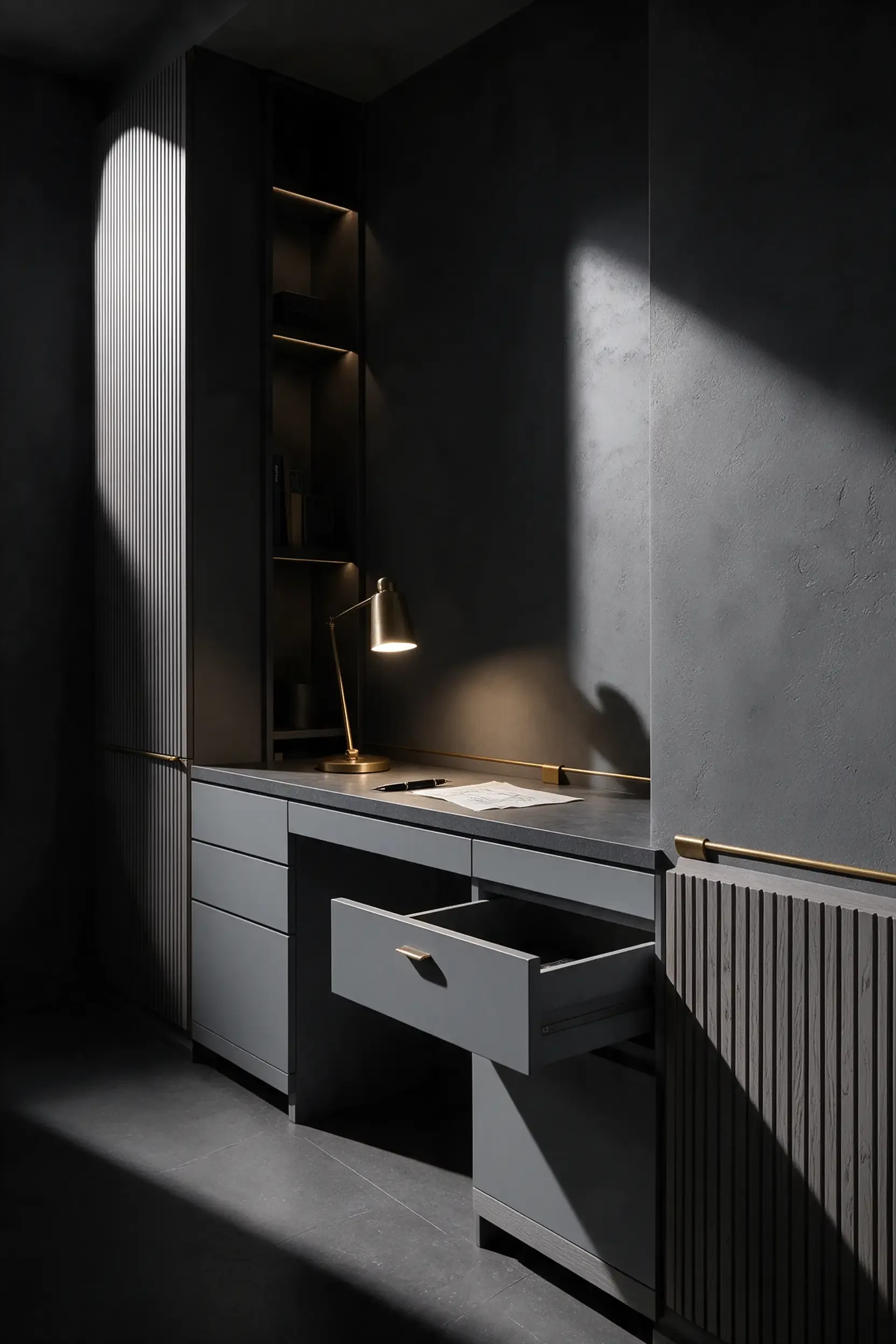 A built-in desk in a fitted study wall, one drawer open, a brass lamp over the dark stone top