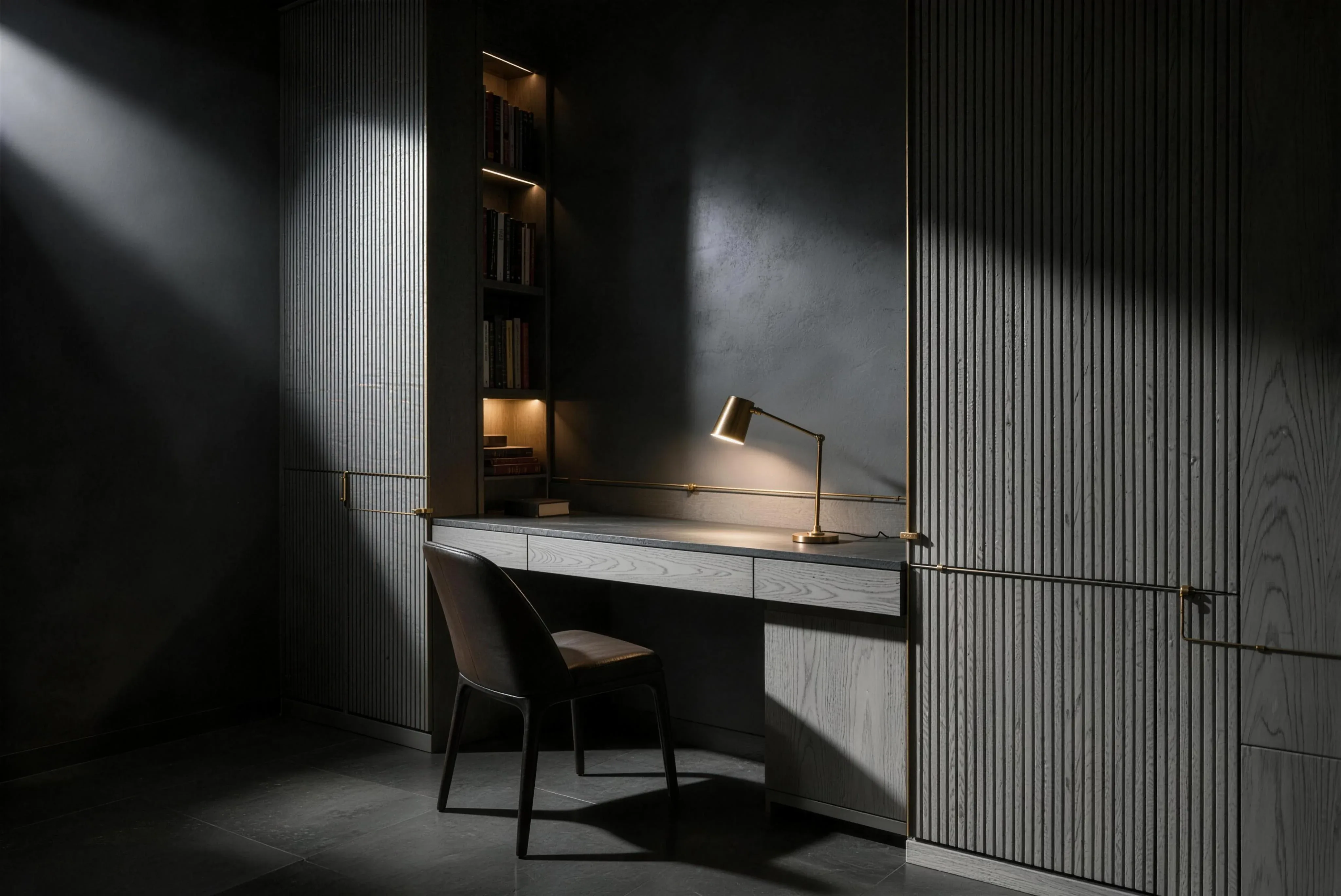 A fitted study at night: a desk built into a fluted grey wall, a chair and a brass lamp