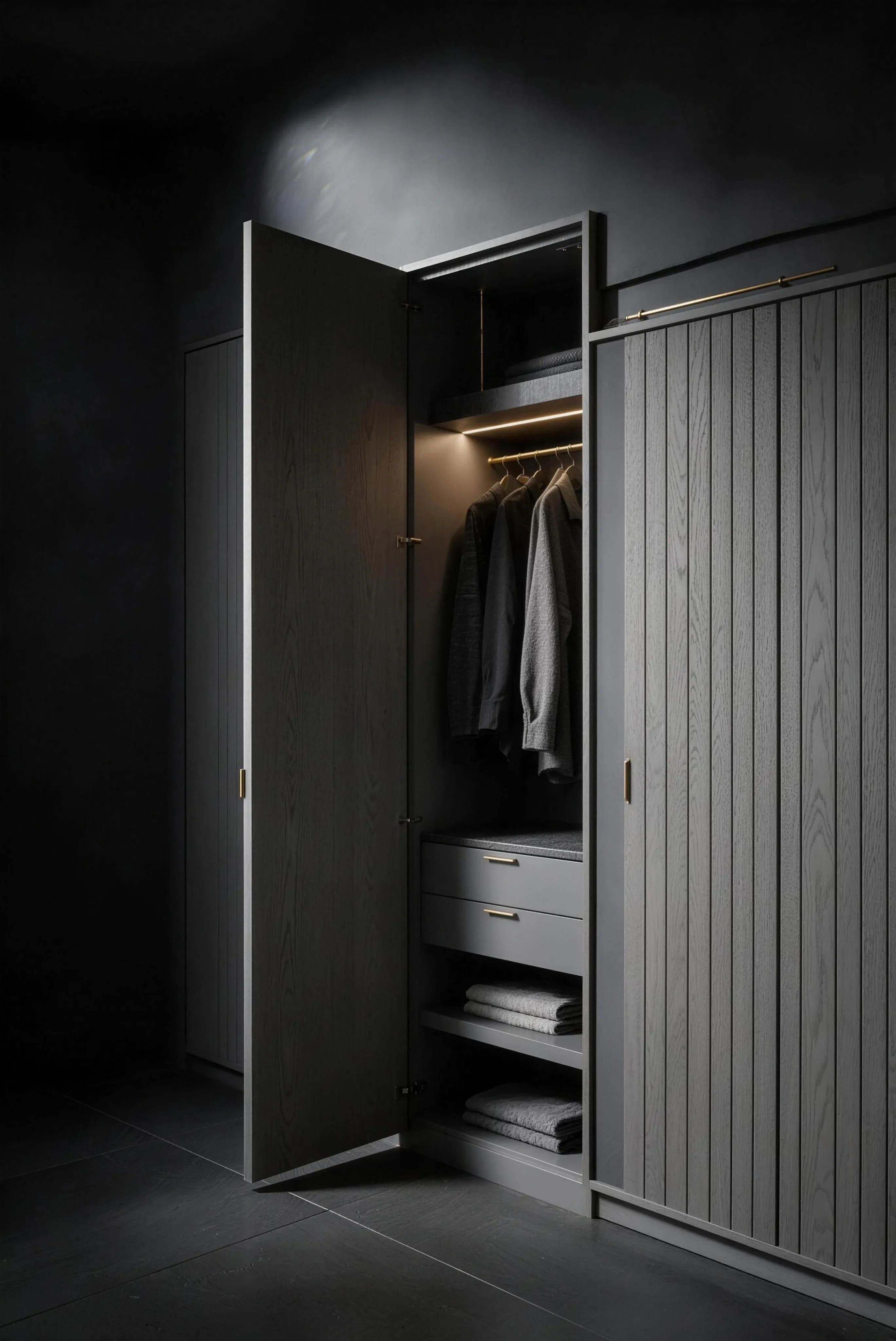 Inside an open fitted wardrobe: a brass hanging rail with shirts, drawers and shelves lit from within