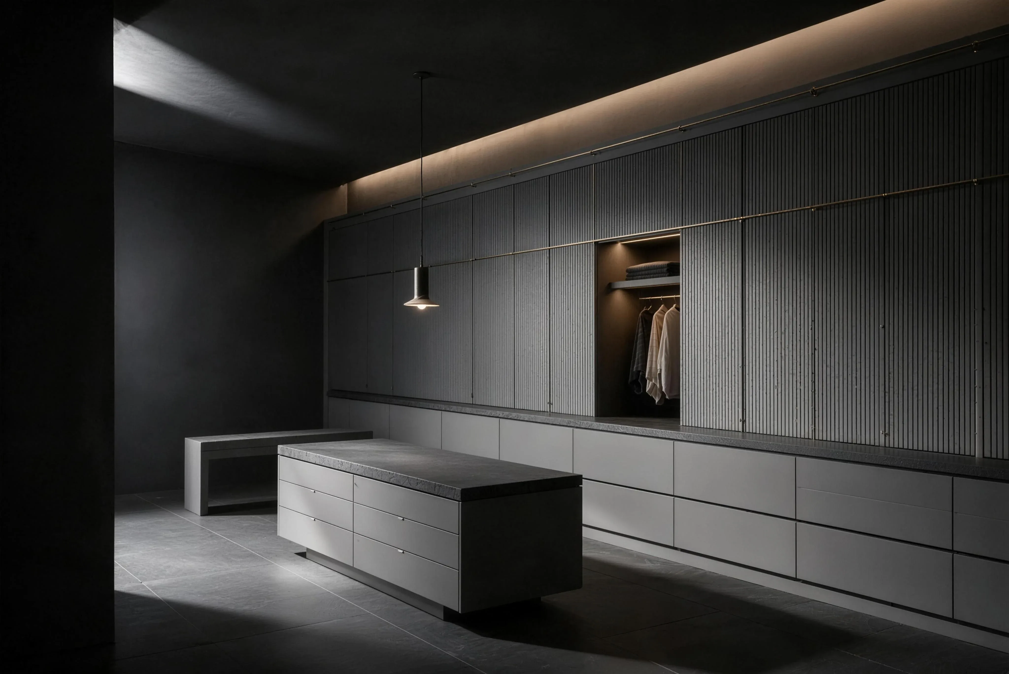 A fitted dressing room in grey veneer with an island of drawers, one open bay lit warm, a pendant over the island